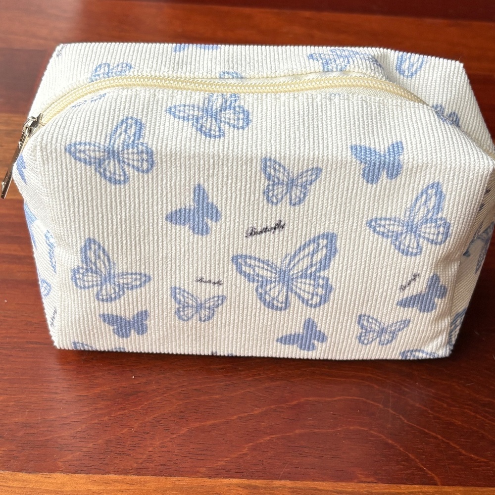 Blue Butterfly Printed Corduroy Cosmetic/Toiletry Bag